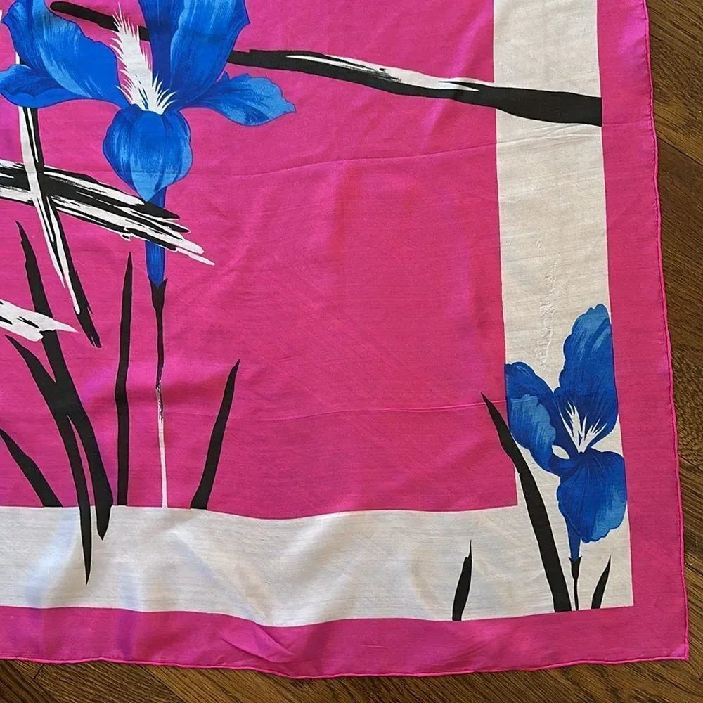 Lovely vintage bright‎ pink, white & black large scarf with blue irises